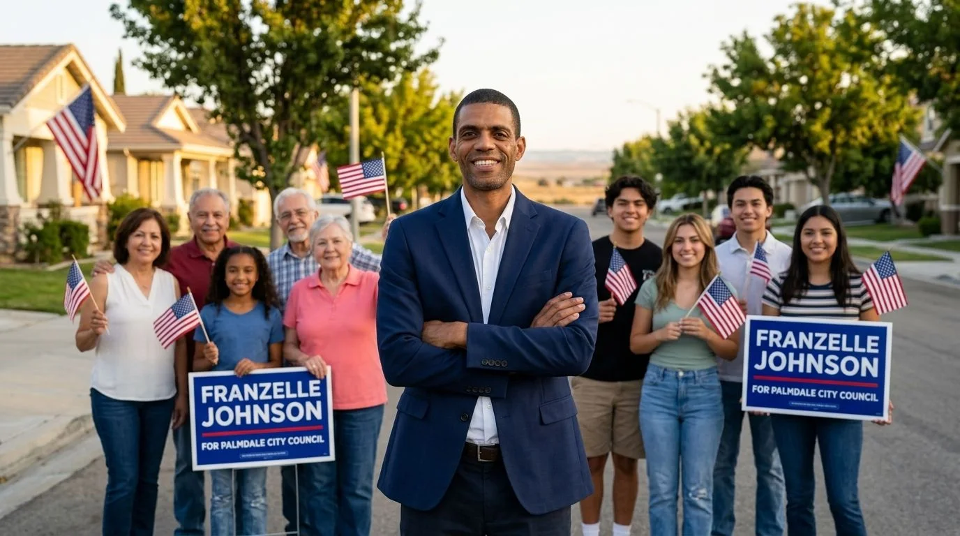 Franzelle Johnson with a diverse group of District 3 supporters holding campaign signs