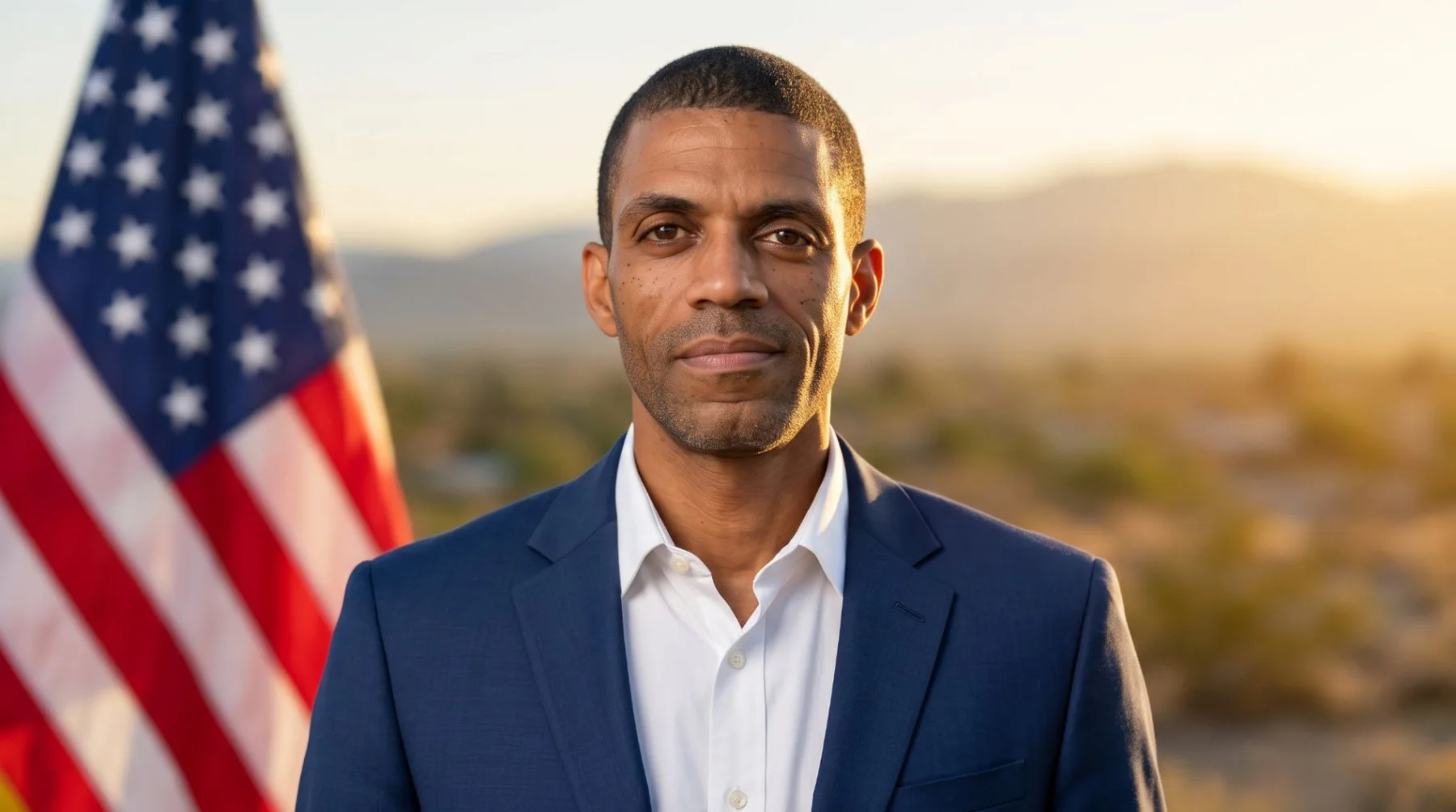 Franzelle Johnson standing in front of the American flag with the Antelope Valley landscape behind him